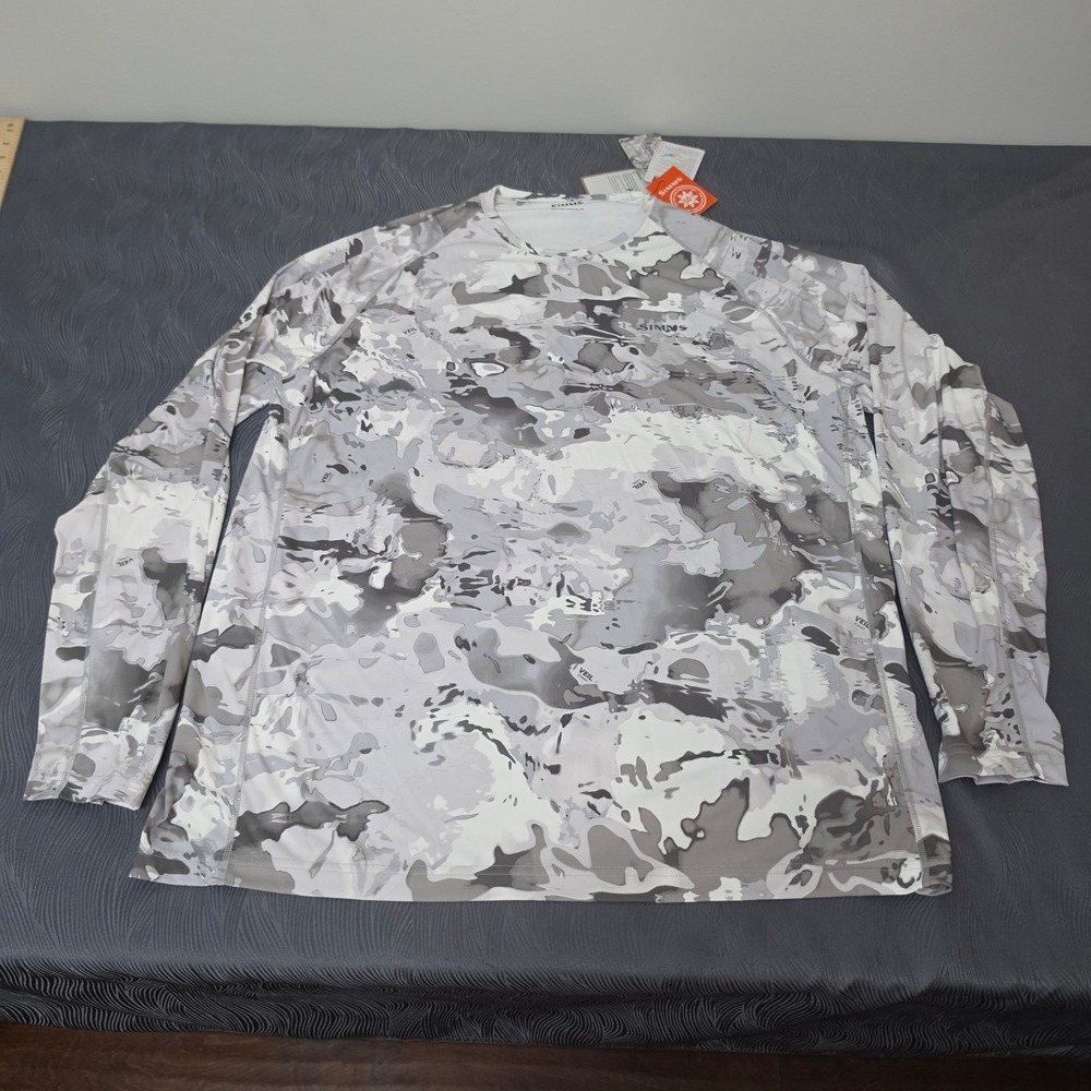 Simms Fishing Shirt Mens XXL Grey New SolarFlex Veil Cloud Camo UPF 50+ LS Crew